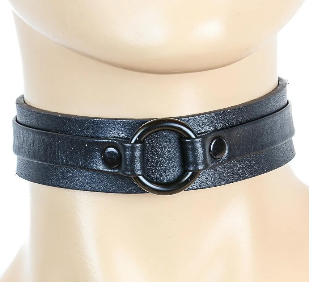 Leather Strap Choker With Ring