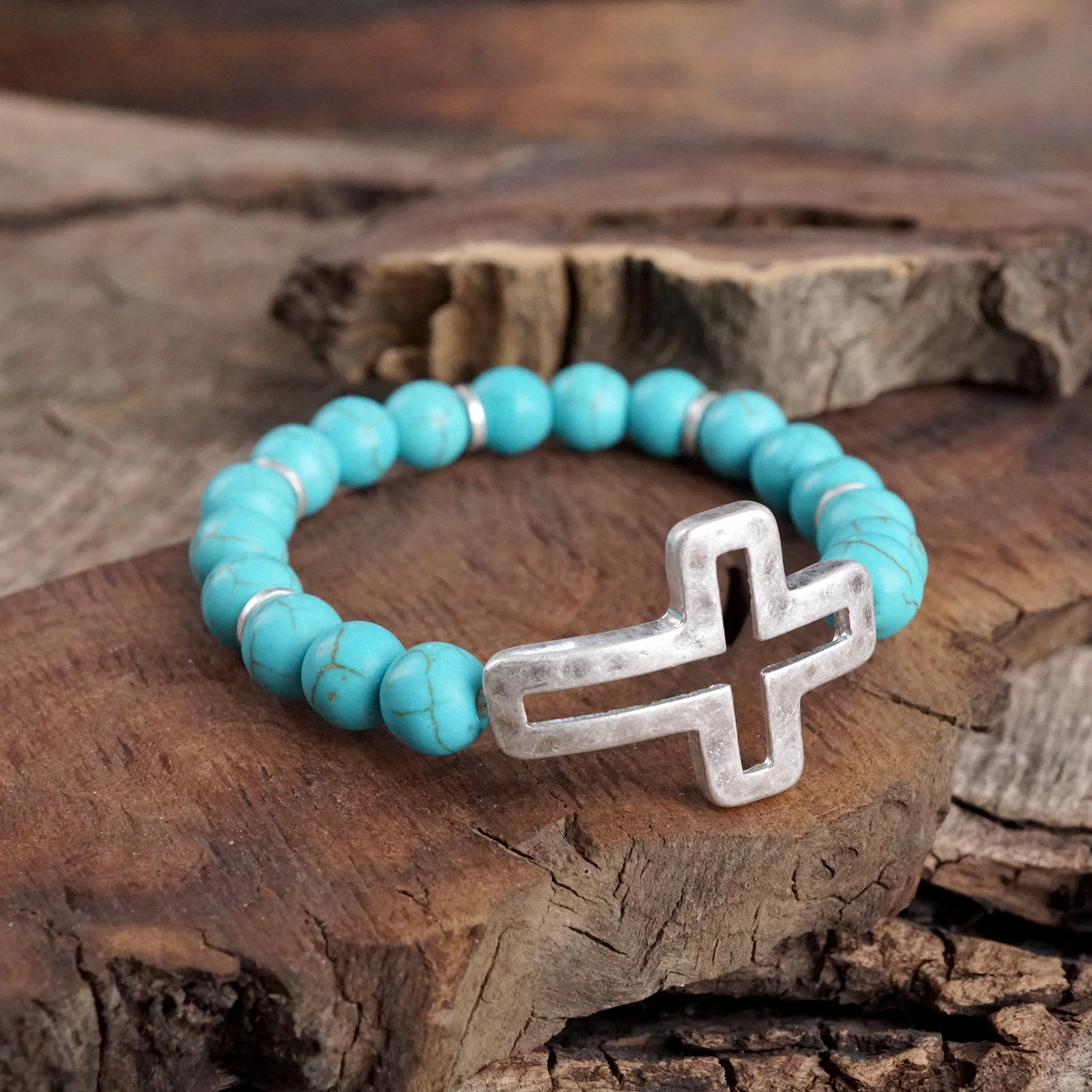 Cross bracelet with Turquoise color beads and silver hammered cross Couple Goals Sudden Sensation