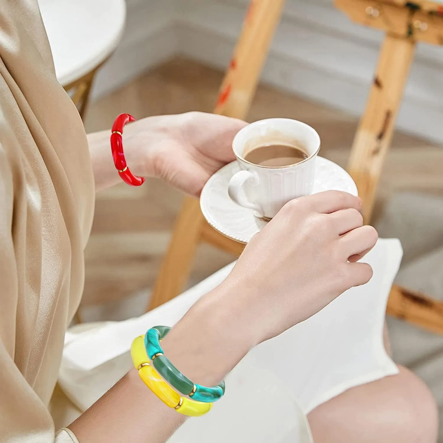LENOOCLE Bamboo Tube Bangles Bracelet for Women Chunky Curved Stacking Bracelet Acrylic Colorful Beads Stretchable Boho Friendship Bracelets for Summer Jewelry Gifts