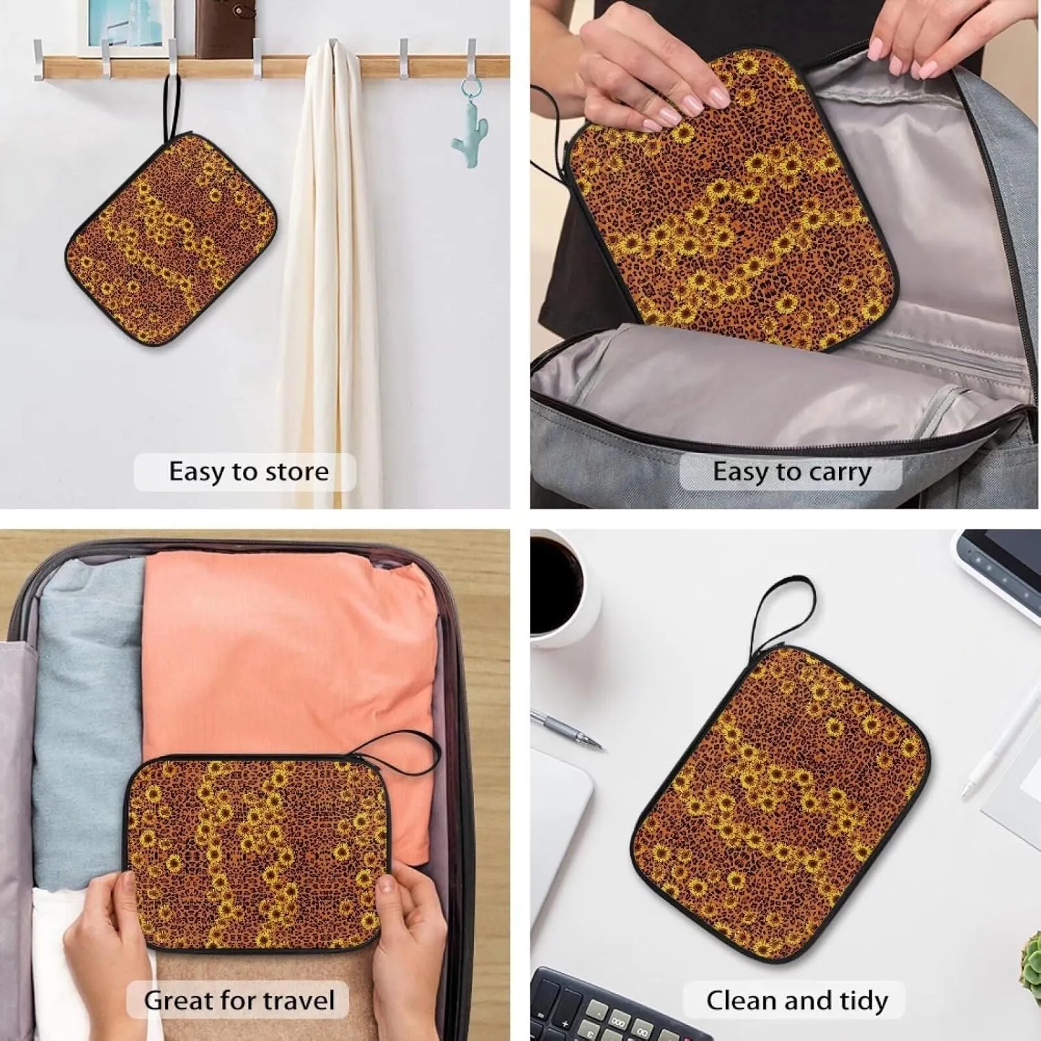 Leopard Pattern Sunflower Watch Band Storage Bag Organizer Holds 12 Watch Straps Case Compatible with Smartwatch Bands, Watch Band Pin and Other Accessories(12 Straps Storage Locations)