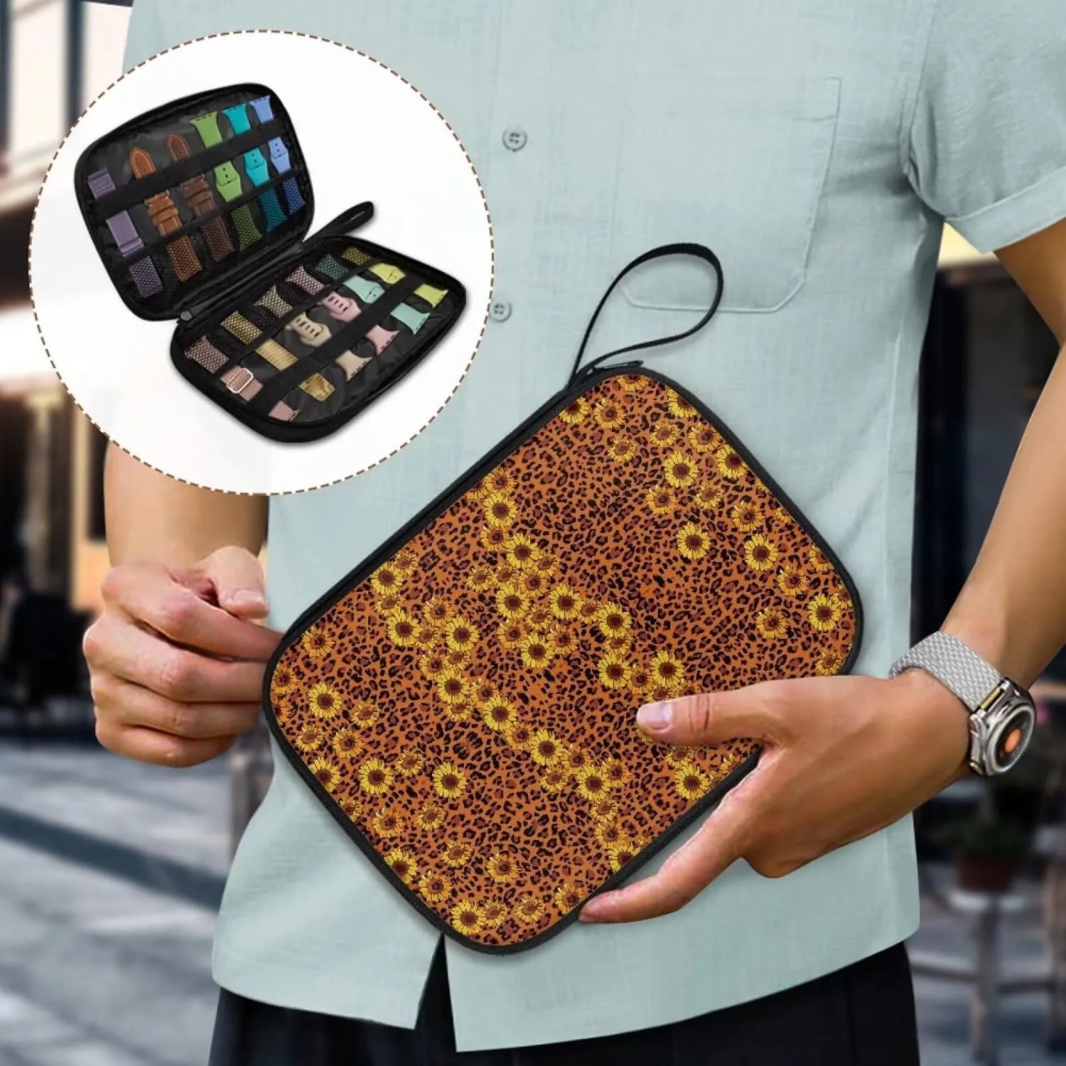 Leopard Pattern Sunflower Watch Band Storage Bag Organizer Holds 12 Watch Straps Case Compatible with Smartwatch Bands, Watch Band Pin and Other Accessories(12 Straps Storage Locations)