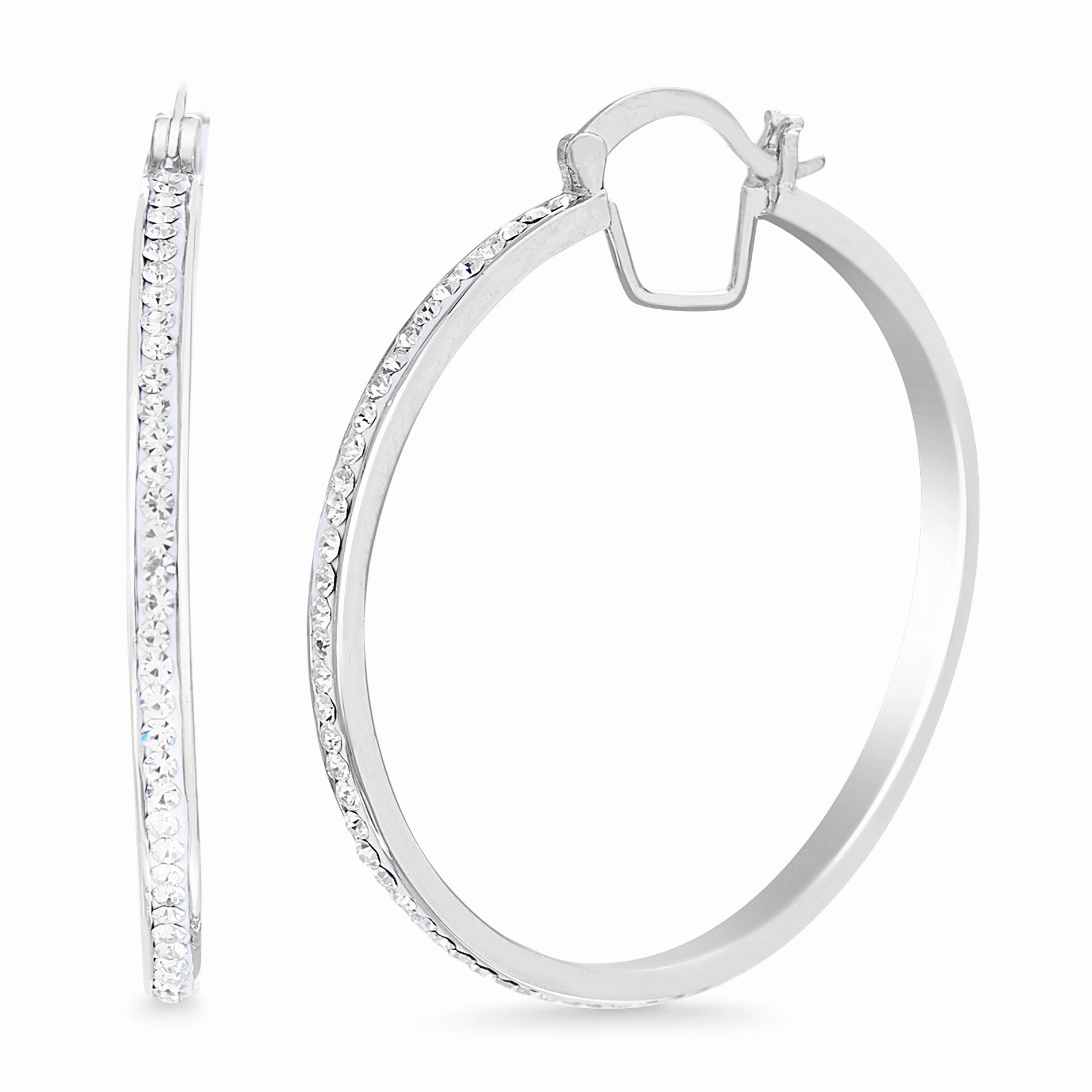 Lesa Michele 40mm Crystal Hoop Earrings in Rhodium Plated Brass Holiday Decoration Artistic embellishment