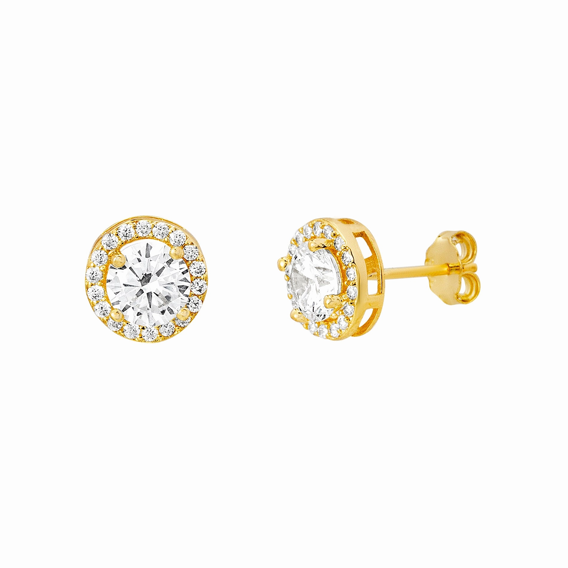 Lesa Michele 9MM Round Cubic Zirconia Halo Post Earrings in Yellow Gold or Rhodium Plated Sterling Silver Premium Adornment