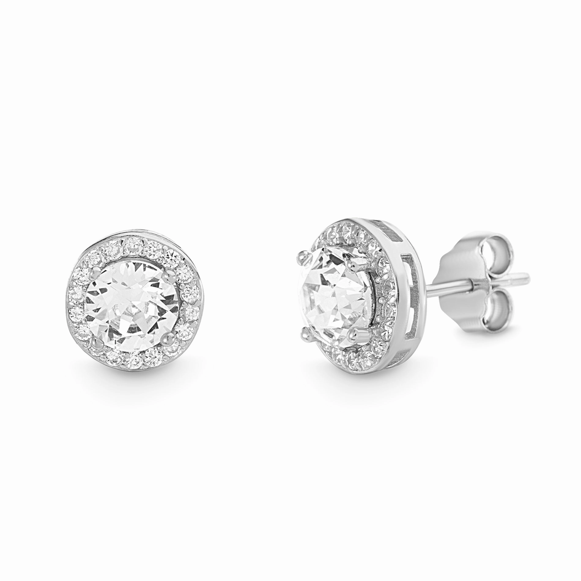 Graceful Aesthetic Elegant Decor Lesa Michele 9MM Round Cubic Zirconia Halo Post Earrings in Yellow Gold or Rhodium Plated Sterling Silver