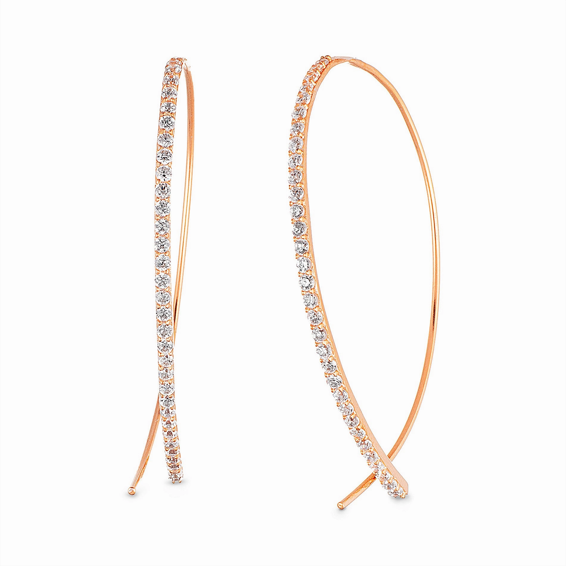 Lesa Michele Cubic Zirconia Curved Bar Pull Through Earring in Rose Gold Plated Sterling Silver Stylish Selection Glossy Piece