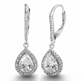 Lesa Michele Cubic Zirconia Teardrop Dangle Leverback Earrings in Rhodium Plated Sterling Silver Embellished piece