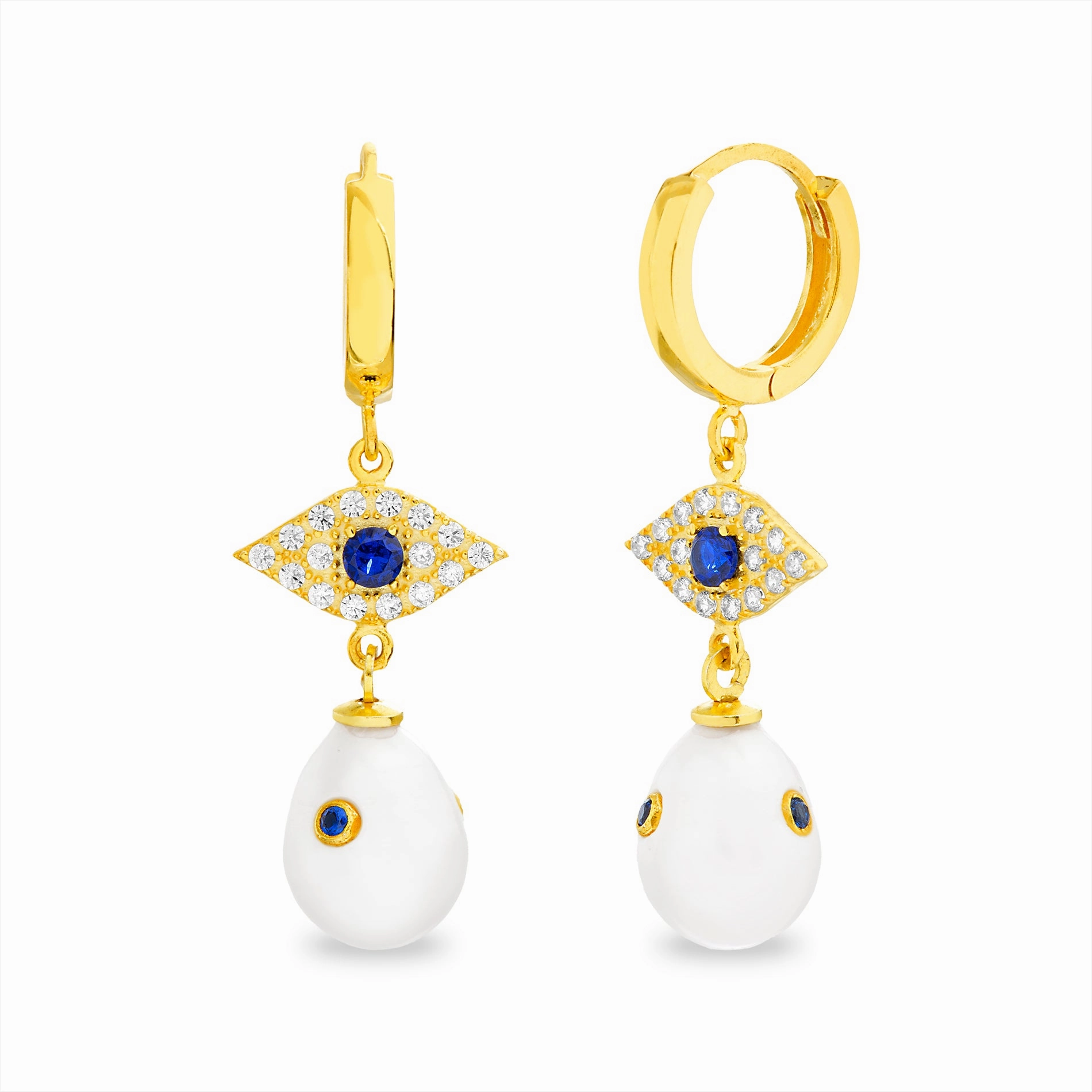 Abstract Trinket Radiant Selection Lesa Michele Freshwater Pearl and Cubic Zirconia Evil Eye Drop Earrings and Necklaces in Yellow Gold Plated Sterling Silver
