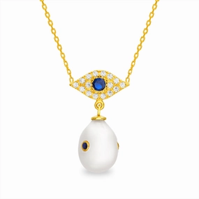 Durable Accent Lesa Michele Freshwater Pearl and Cubic Zirconia Evil Eye Drop Earrings and Necklaces in Yellow Gold Plated Sterling Silver