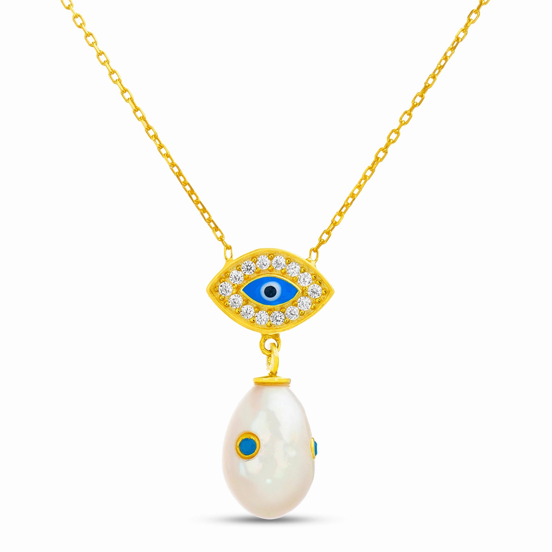 Lesa Michele Freshwater Pearl and Cubic Zirconia Evil Eye Drop Earrings and Necklaces in Yellow Gold Plated Sterling Silver Everyday Embellishment Casual piece