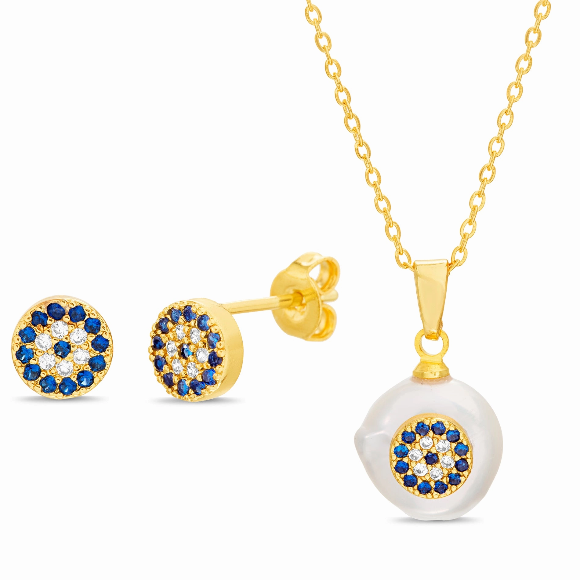 Industrial Decoration Stylish Choice Lesa Michele Freshwater Pearl Crystal Evil Eye Earrings and Necklace Set in Stainless Steel