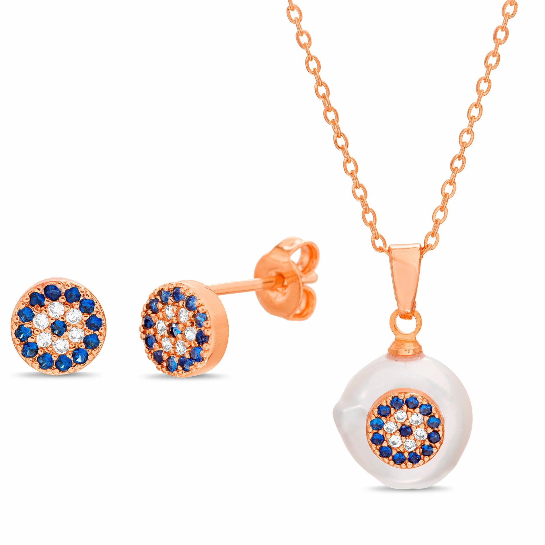 Beautiful Element Lesa Michele Freshwater Pearl Crystal Evil Eye Earrings and Necklace Set in Stainless Steel