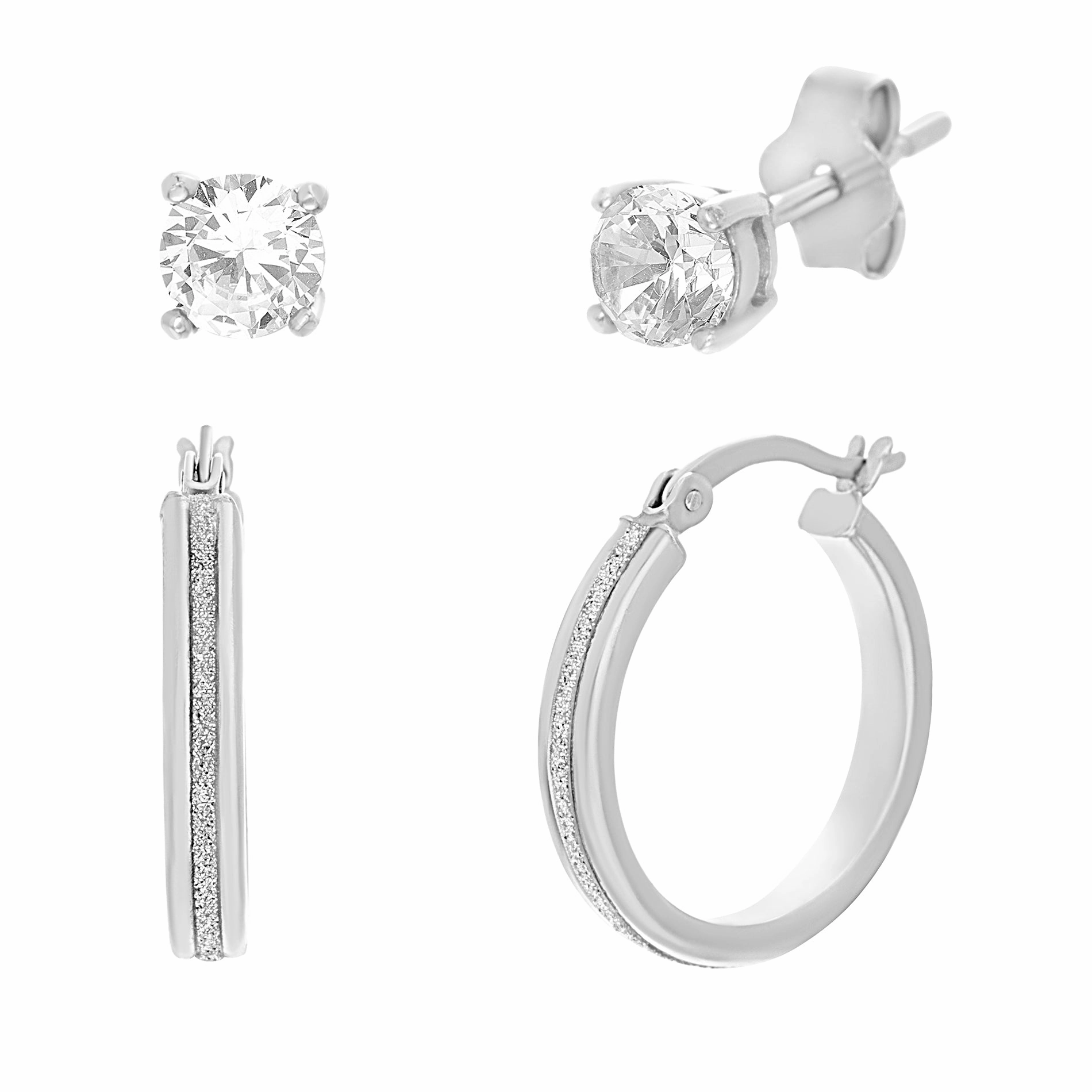 Grand Adornment Modern feature Lesa Michele Glitter Textured Hoop and Cubiz Zirconia Stud Duo Earring Set in Rhodium Plated Sterling  Silver