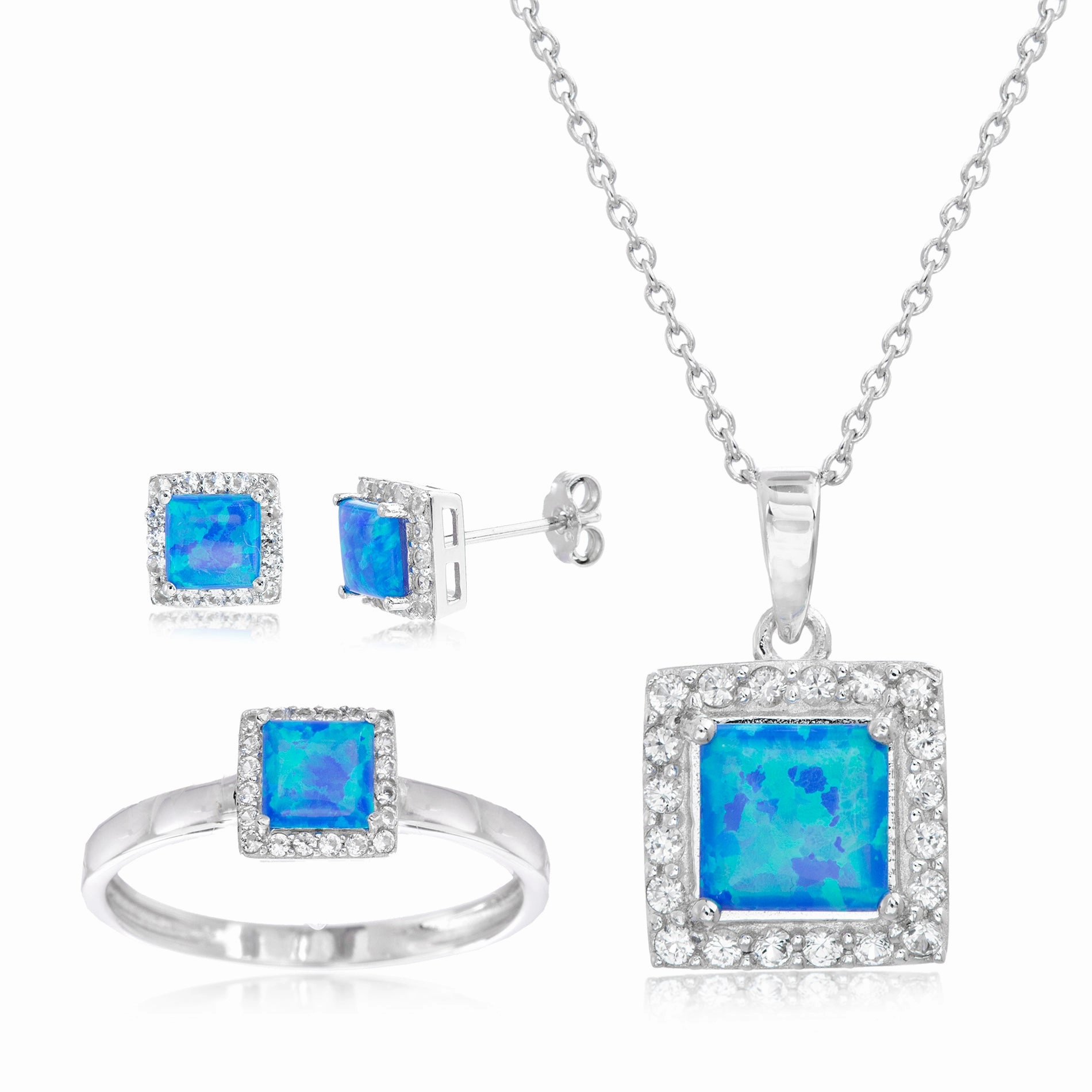 Modernist Embellishment Attractive Essential Lesa Michele Lab Created Blue Opal & Cubic Zirconia 3pc Ring, Pendant & Earring Set in Sterling Silver