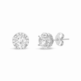 Stylish Selection Lesa Michele Laboratory Created White Sapphire and 1/10 Cttw Diamond Halo Stud Earring in Rhodium Plated Sterling Silver