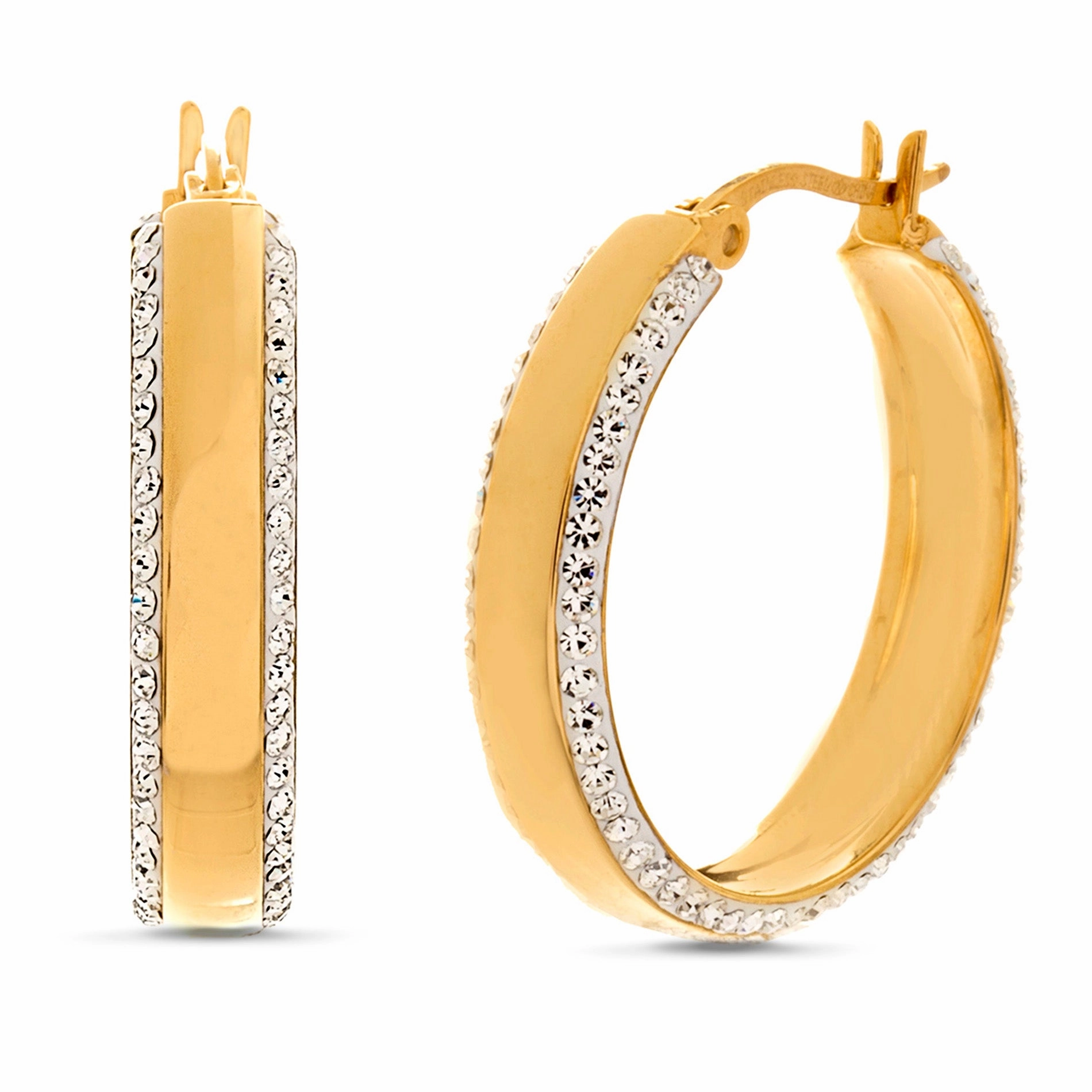 Lesa Michele Polished Crystal Border Hoop Earrings in Yellow Gold IP Stainless Steel Circular Embellishment Refined Style