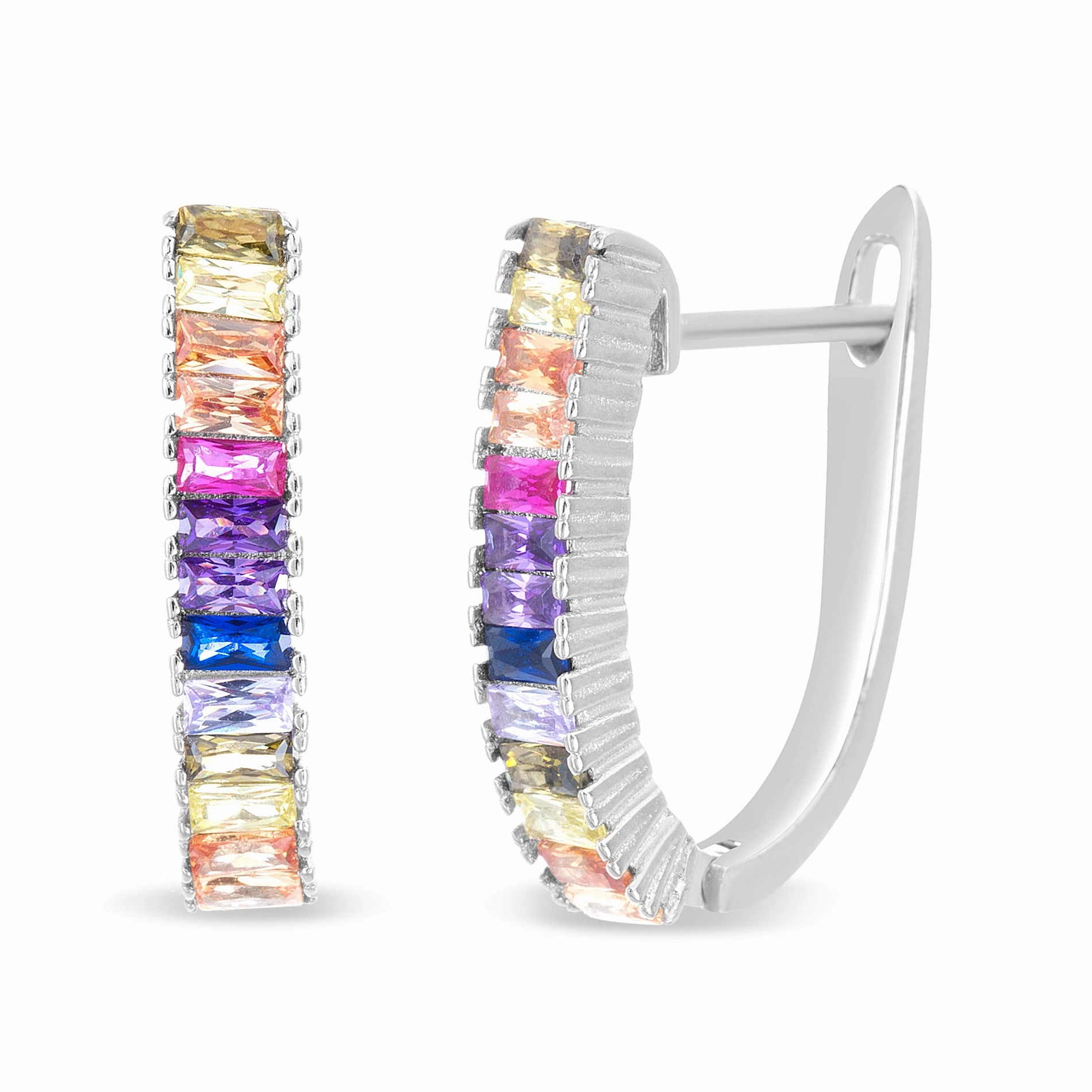 Shiny Trinket Dull Accent Lesa Michele Rainbow Baguette Shaped Cubic Zirconia Huggie Hoop Earring in Rhodium Plated Sterling Silver