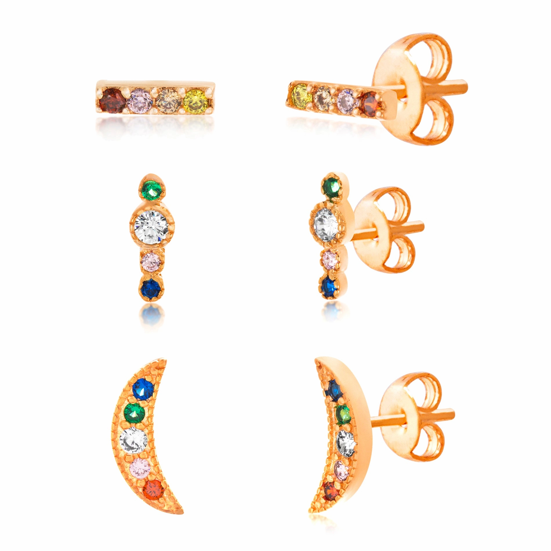 Night Adornment Modern Creation Lesa Michele Rainbow Cubic Zirconia 3 Pair Stud Earring Set for Multiple Piercings in Rose Gold Plated Sterling Silver