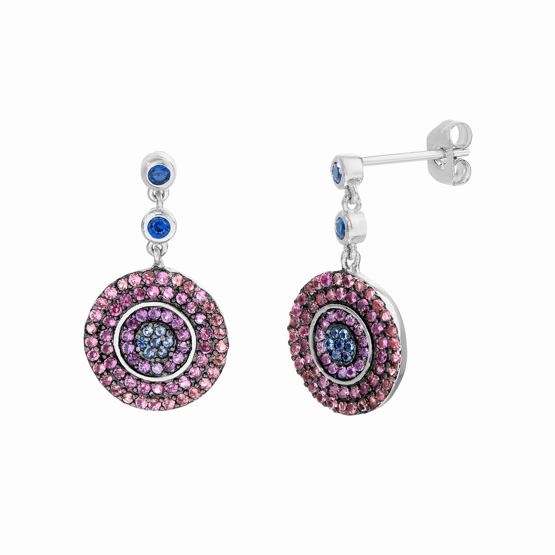 Lesa Michele Rainbow Cubic Zirconia Evil Eye Disc Drop Earring in Rhodium Plated Sterling Silver Sparkling Accessory Unique Essential