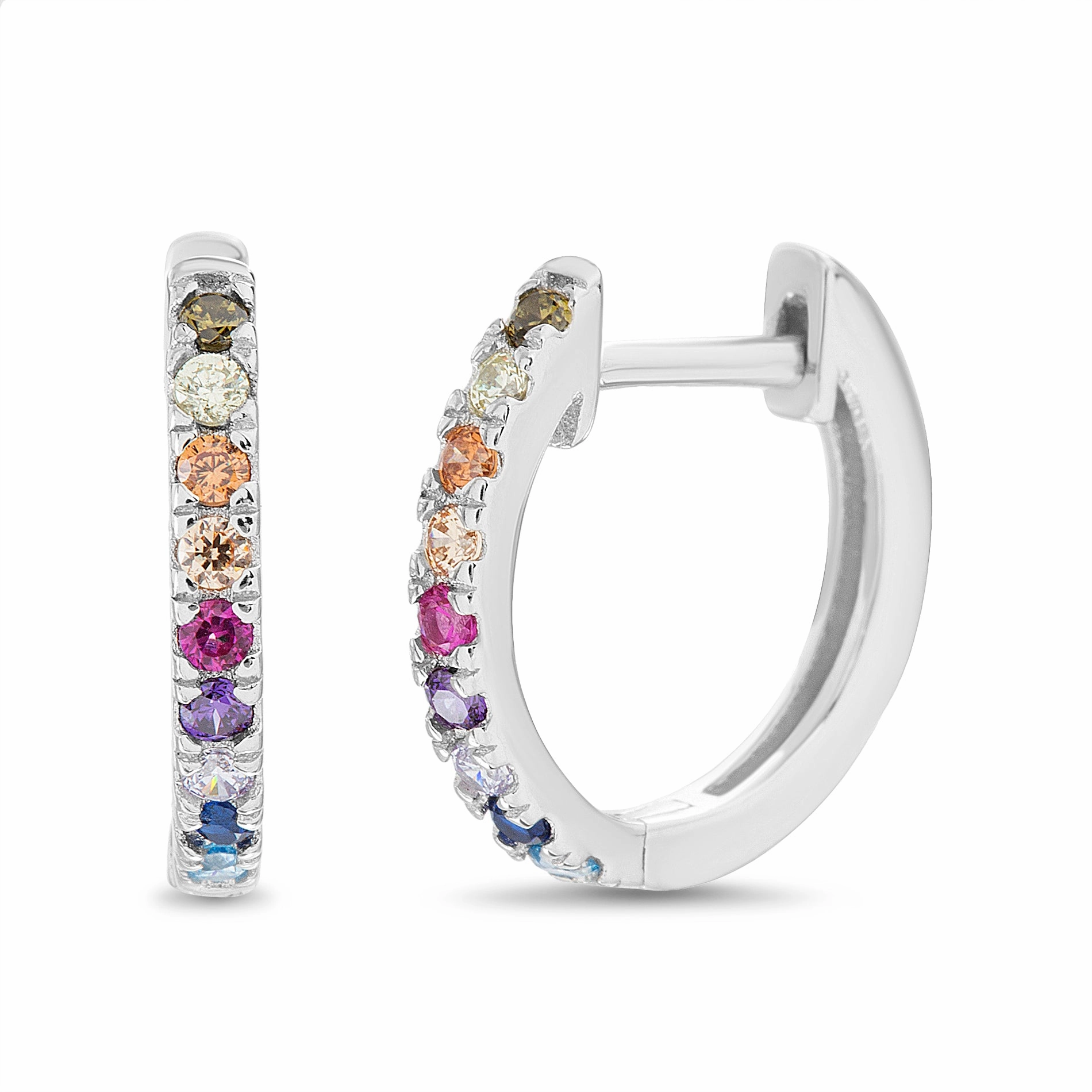Lesa Michele Rainbow Cubic Zirconia Huggie Hoop Earring in Rhodium Plated Sterling Silver Refined Feature