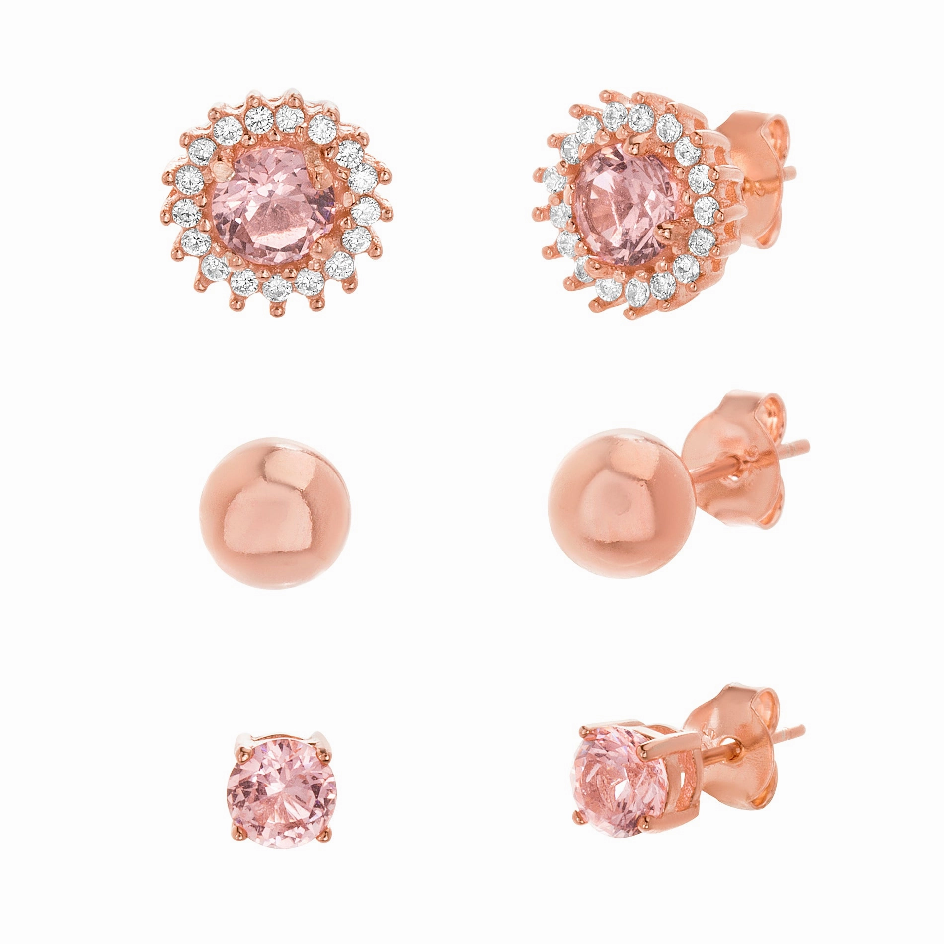 Lesa Michele Simulated Morganite and Cubic Zirconia 4 Prong, Halo and Ball Stud 3 Pair Earring Set for Women in Rose Gold Plated 925 Sterling Silver Party Trinket