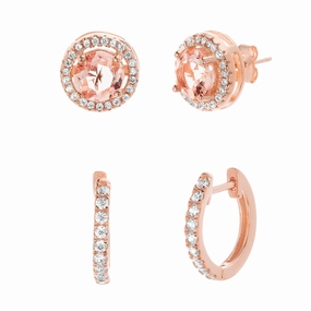 Stunning Accent Lesa Michele Simulated Morganite and Cubic Zirconia Halo Stud and Huggie Hoop 2 Pair Earring Set for Women in Rose Gold Plated 925 Sterling Silver