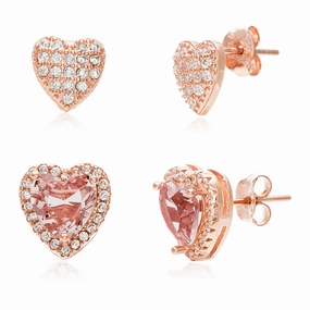 Refined Essential Attractive Selection Lesa Michele Simulated Morganite and Cubic Zirconia Heart Shaped 2 pair Stud Gift Earring Set for Women in Rose Gold Plated 925 Sterling Silver