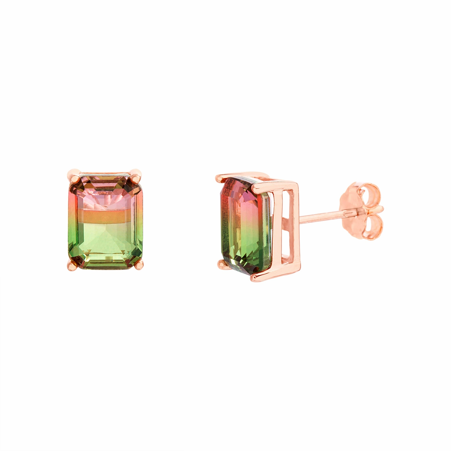 Unique Must-Have Lesa Michele Simulated Watermelon Tourmaline Rectangular Stud Earrings in Rose Gold Plated Sterling Silver