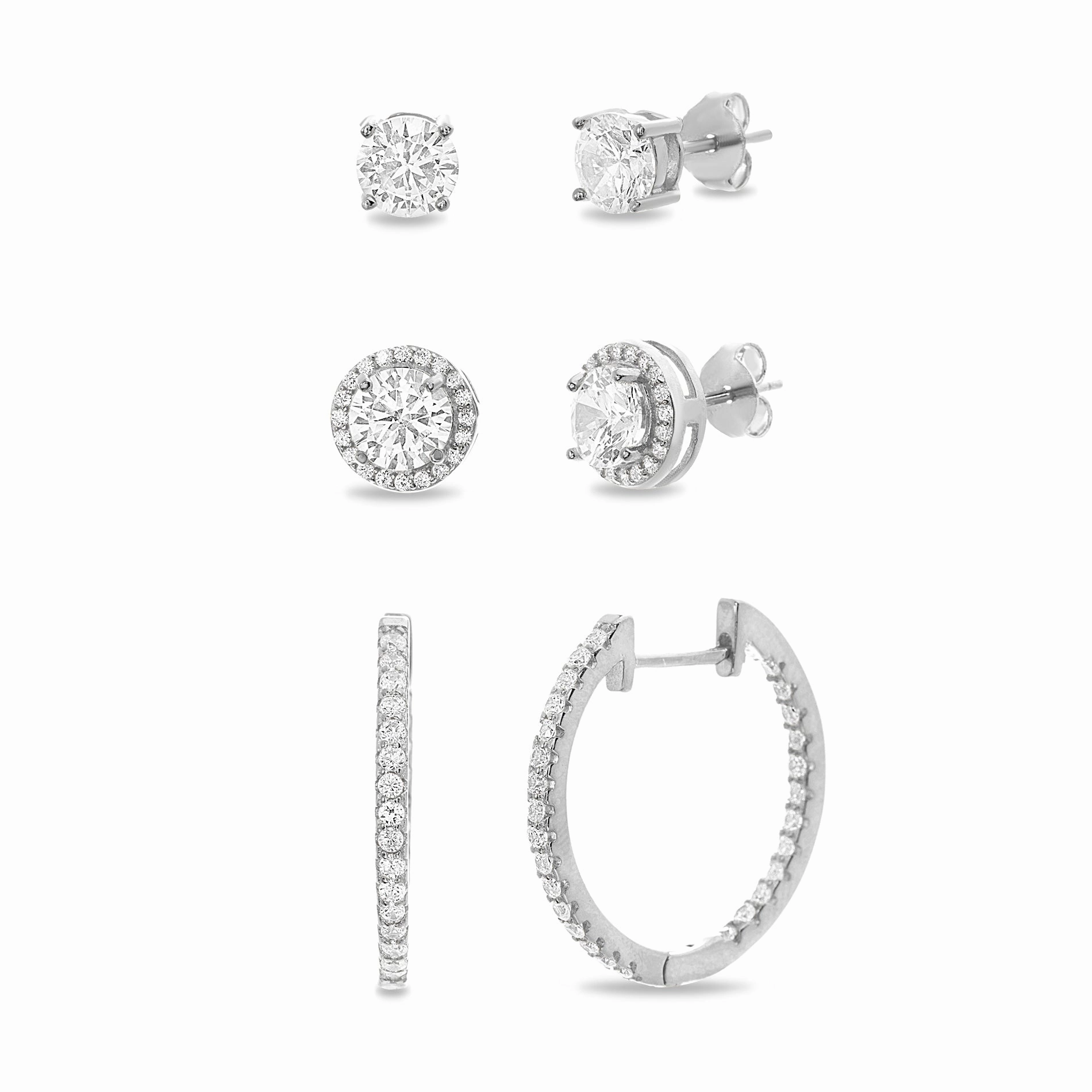 Lesa Michele Sterling Silver Cubic Zirconia Stud Halo and Hoop Earring Set Delicate Detail Vacation Item