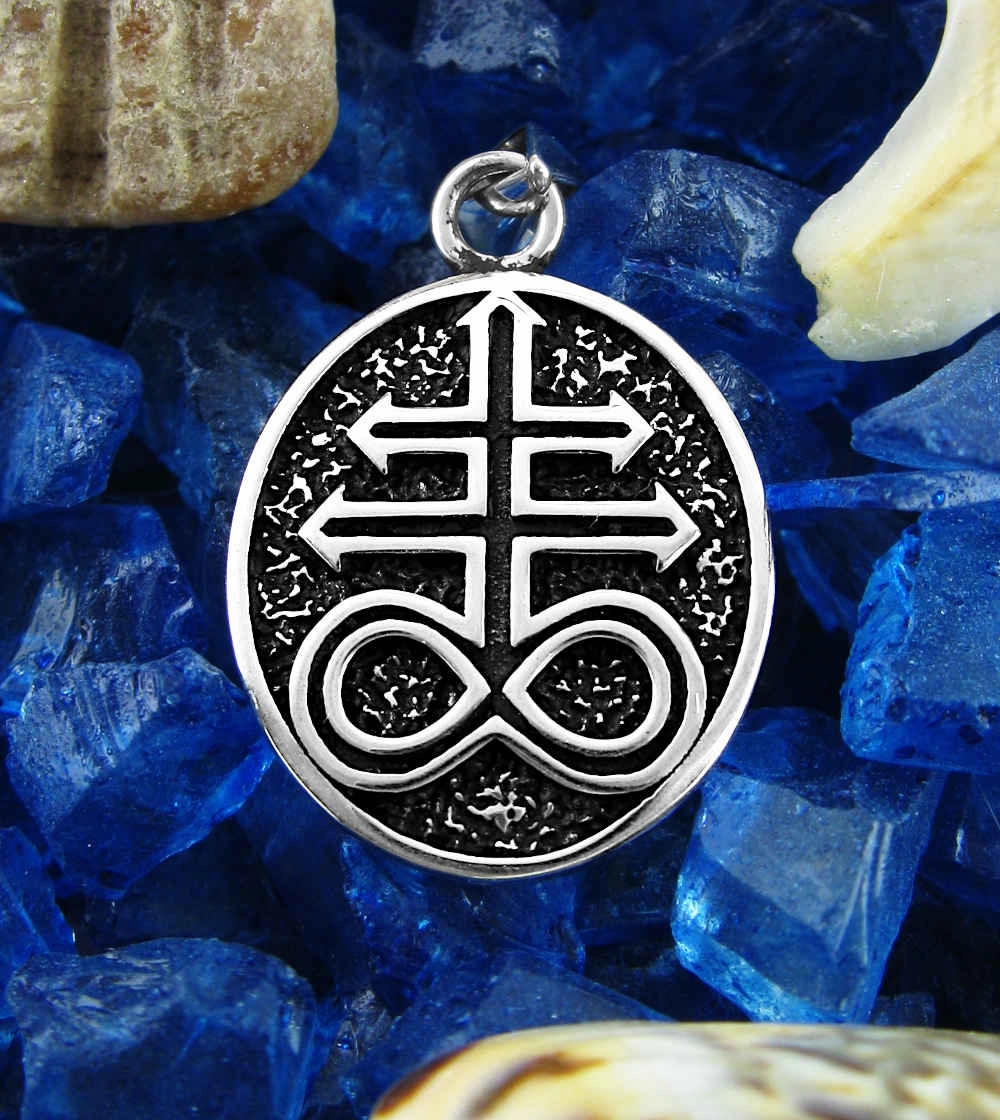 Bohemian style Exhibiting Item Leviathan Cross Alchemical Symbol Oval Pendant, Oxidized