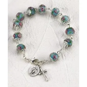Light Blue Crystal Rosary Bracelet with Pink Rose Painted Beads