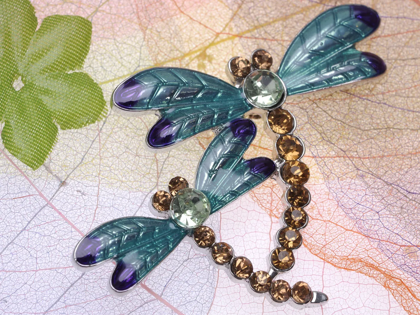 Light Brown Blue Green Two Dragonfly Brooch Pin
