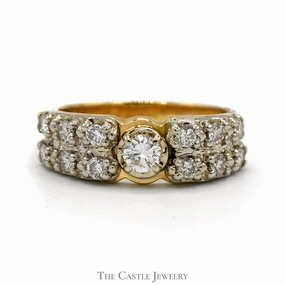 1cttw Round Diamond Solitaire with Double Row of Diamond Accents in 14k Yellow Gold Exquisite Article