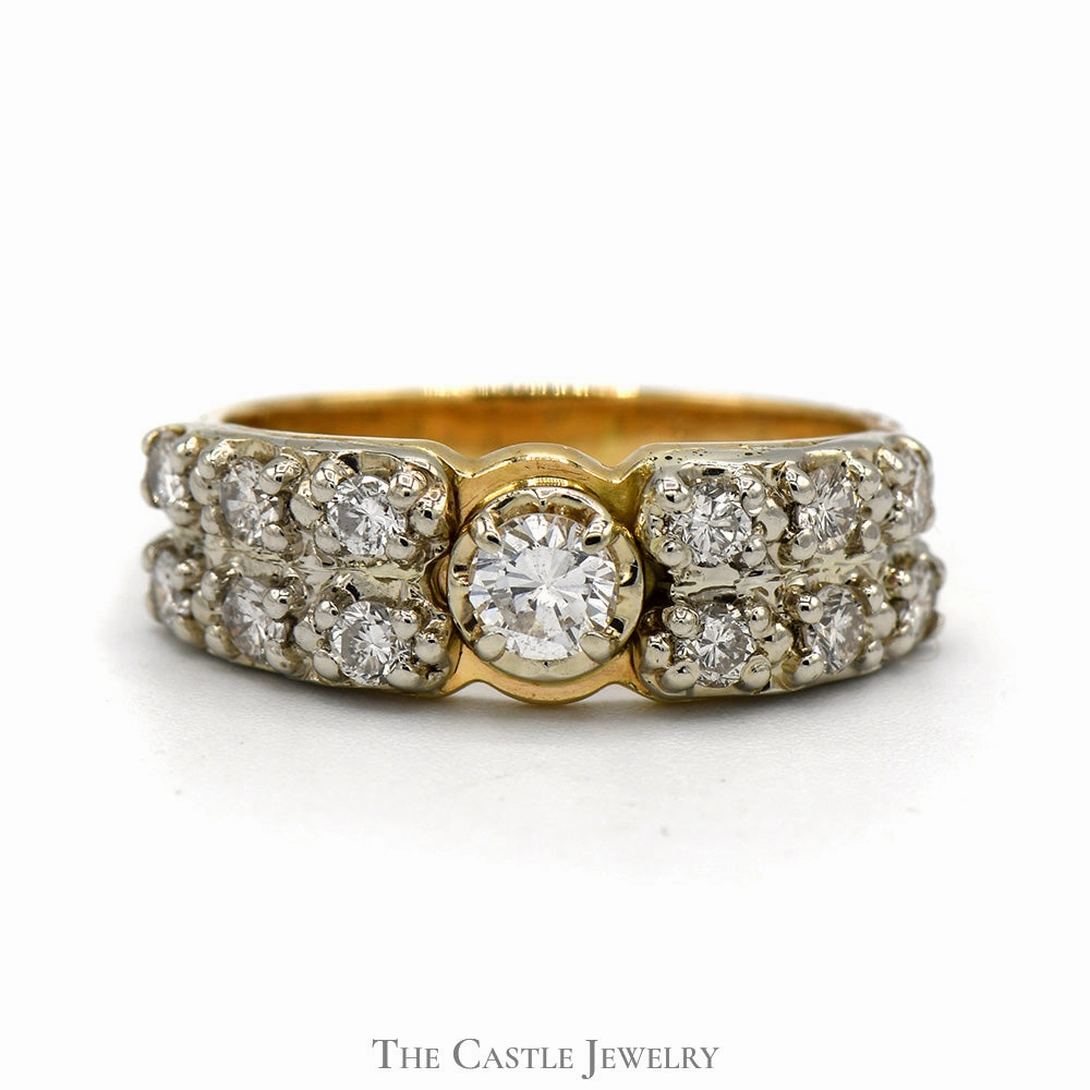 1cttw Round Diamond Solitaire with Double Row of Diamond Accents in 14k Yellow Gold Exquisite Article