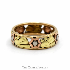 Exquisite Jewelry Tri-Tone Open Designed Band in 14k White, Yellow & Rose Gold