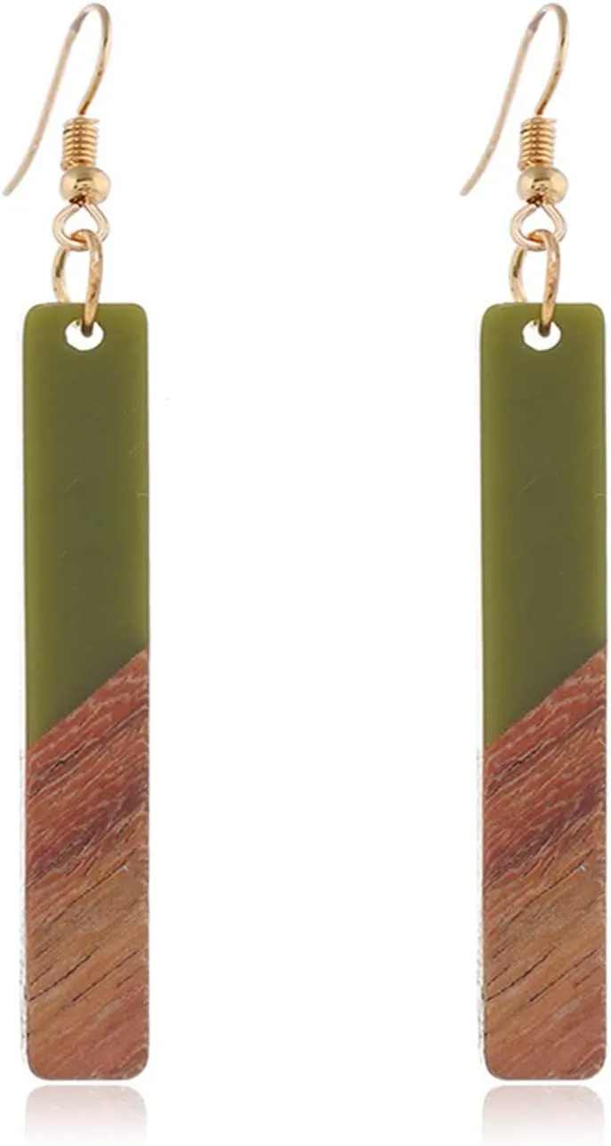 Lightweight Bohemian Wooden Acryluc Resin Geometric Bar Rould Drop Dangle Natural Wood Earrings Ethnic African Western Statement Handmade Jewelry for Women