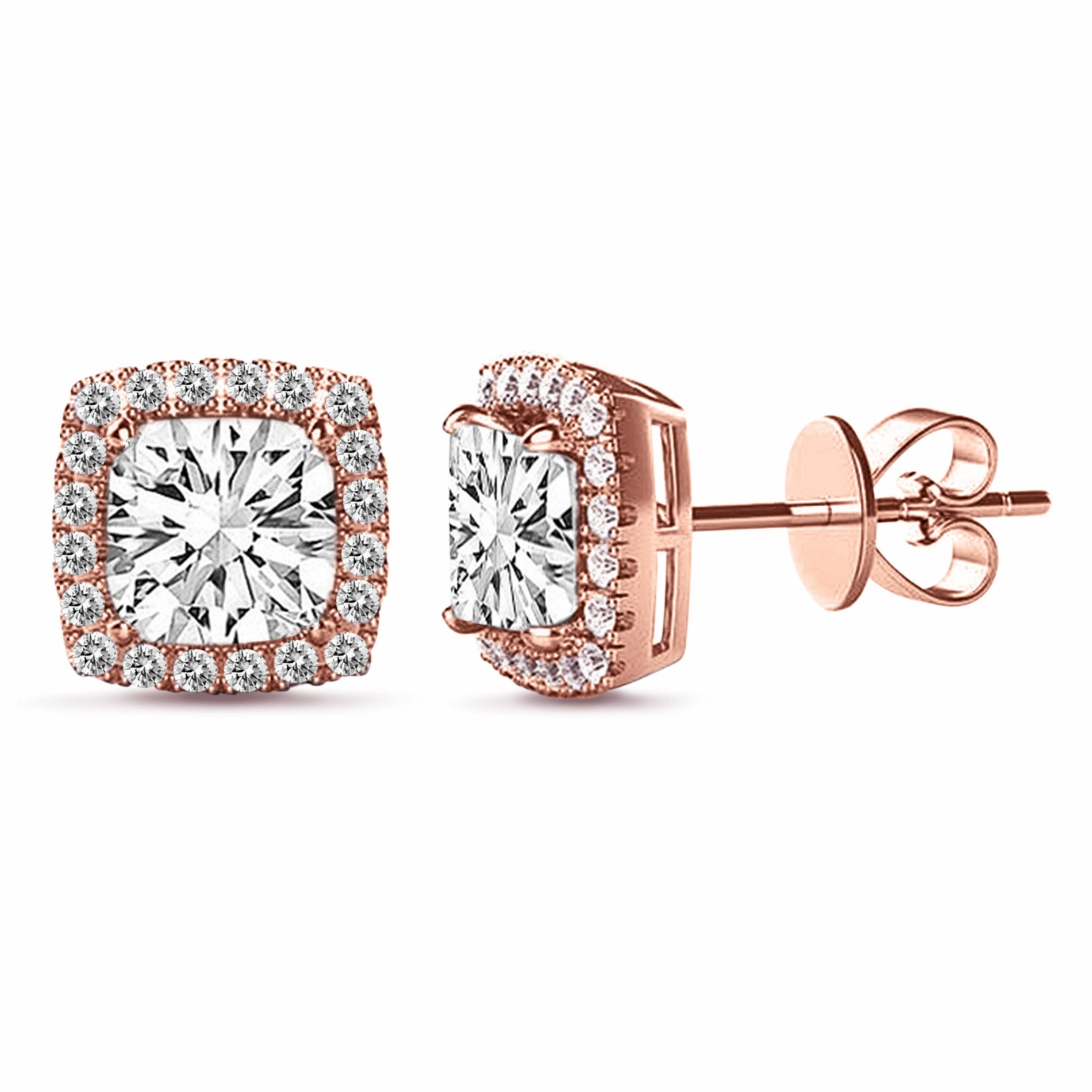 Iridescent Decoration Rose Gold Plated Sterling Silver Asscher Halo Stud Earrings