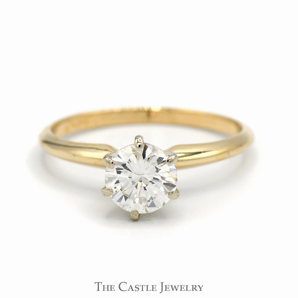 1.03ct Round Diamond Solitaire Engagement Ring in 14k Yellow Gold Tiffany Mounting - I1, I Symmetrical design