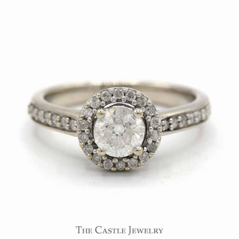 Award winning 1cttw Round Diamond Engagement Ring with Diamond Halo and Accented Sides in 14k White Gold