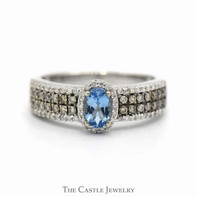Durable product Timeless Present Oval Blue Topaz Ring with Halo & Cocoa Diamond Accented Sides in 14k White Gold