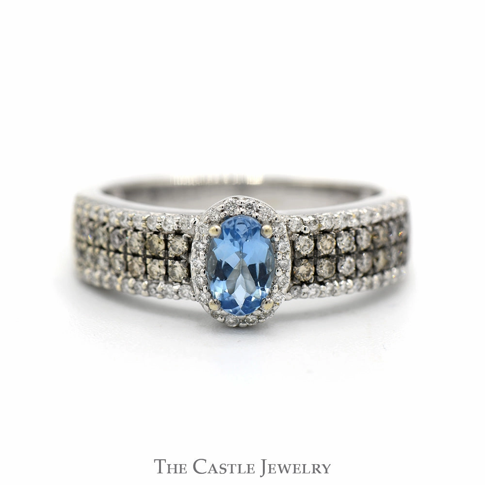 Durable product Timeless Present Oval Blue Topaz Ring with Halo & Cocoa Diamond Accented Sides in 14k White Gold
