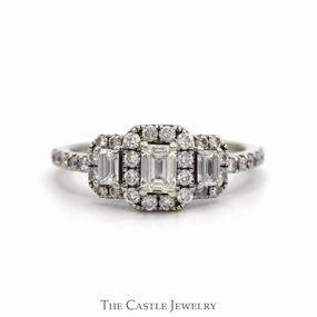 Economical Decoration 1cttw Three Stone Style Emerald Cut Diamond Ring with Diamond Halo in 14k White Gold Cathedral Mounting