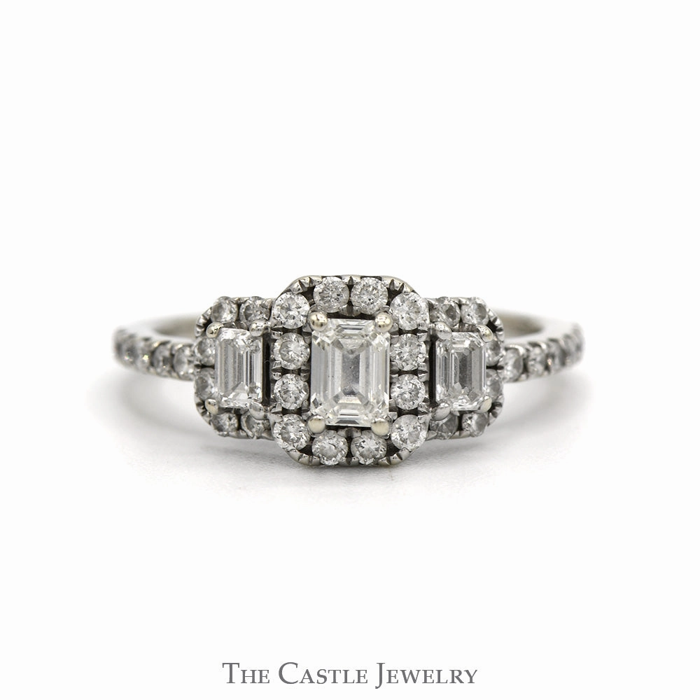 Economical Decoration 1cttw Three Stone Style Emerald Cut Diamond Ring with Diamond Halo in 14k White Gold Cathedral Mounting
