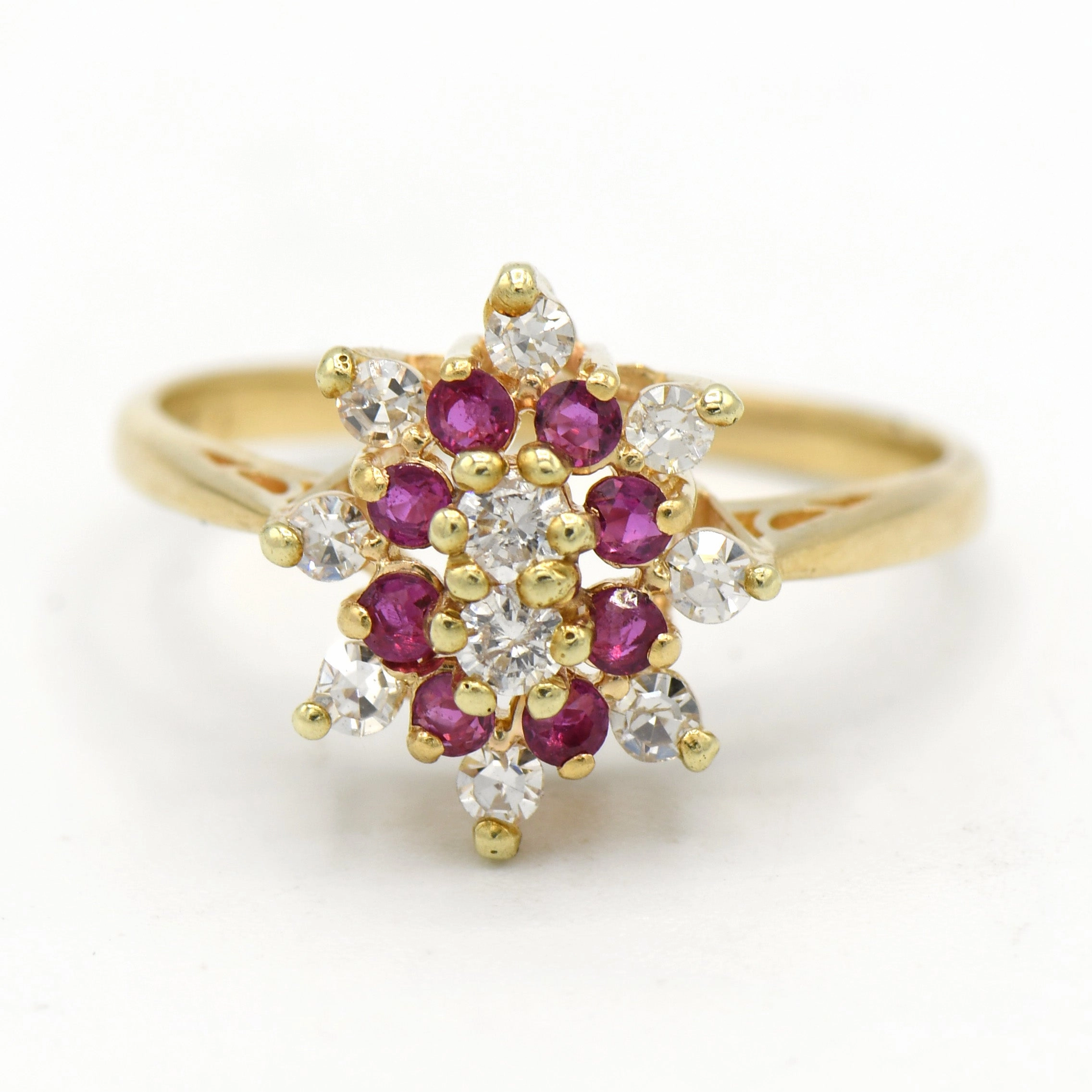 Ruby and Diamond Cluster Ring in 14k Yellow Gold Catherdral Mounting Exclusive Design