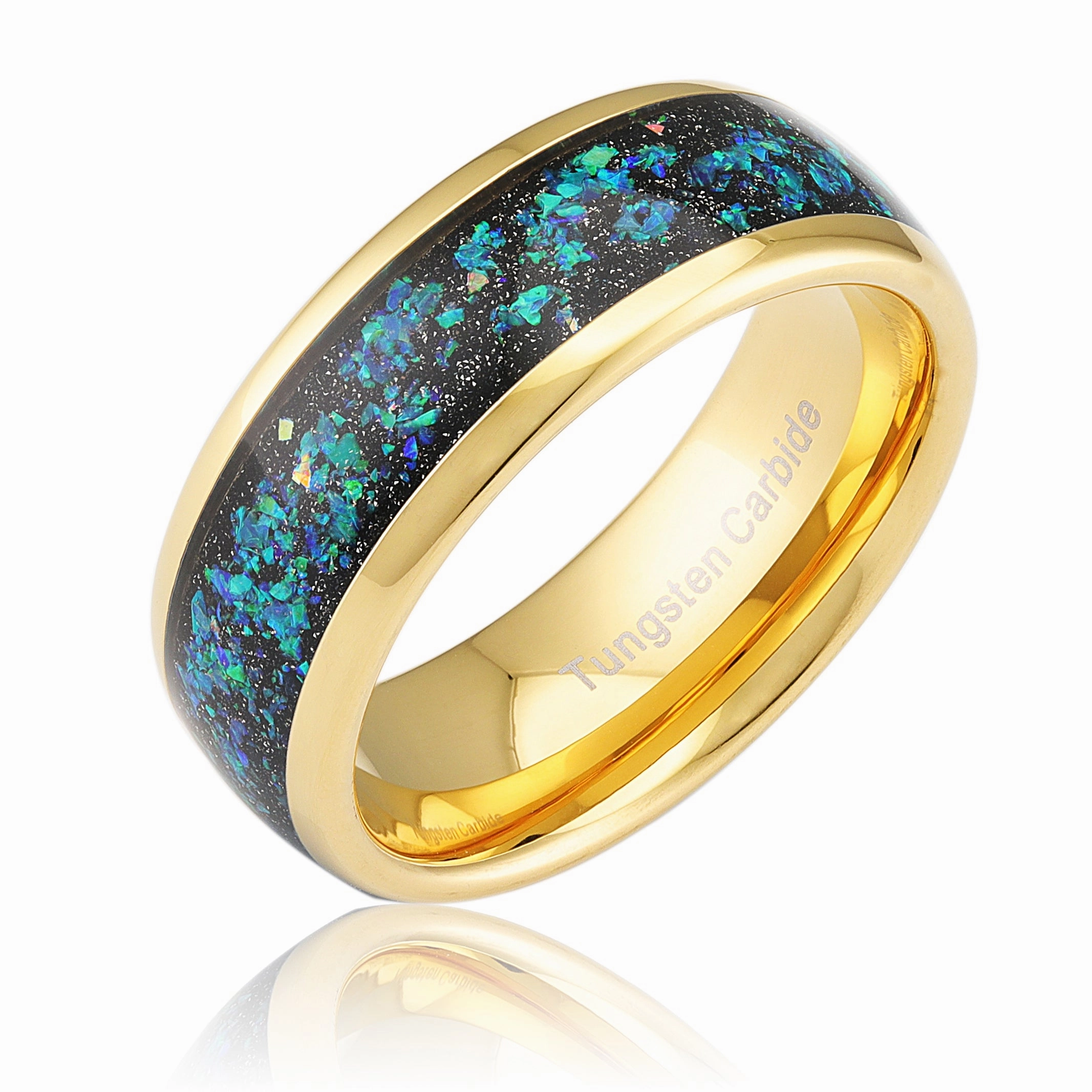 100S JEWELRY Tungsten Wedding Ring for Men Women Opal Inlay Gold Band Comfort Fit Size 6-16 Ribbon Winner