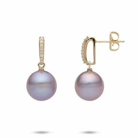 Minimal Detail Lilac Freshwater Pearl Earrings in Gold with Diamonds - 11-12mm