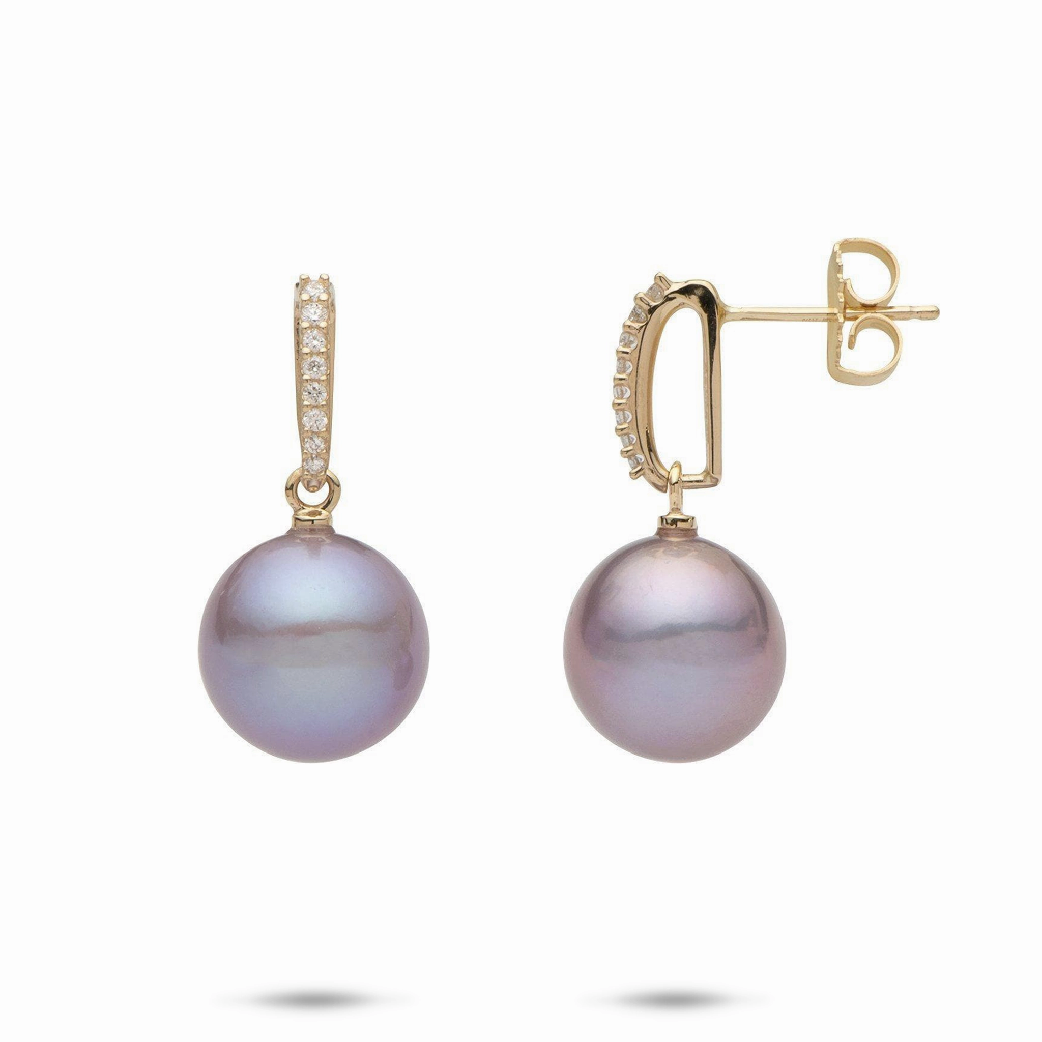 Minimal Detail Lilac Freshwater Pearl Earrings in Gold with Diamonds - 11-12mm