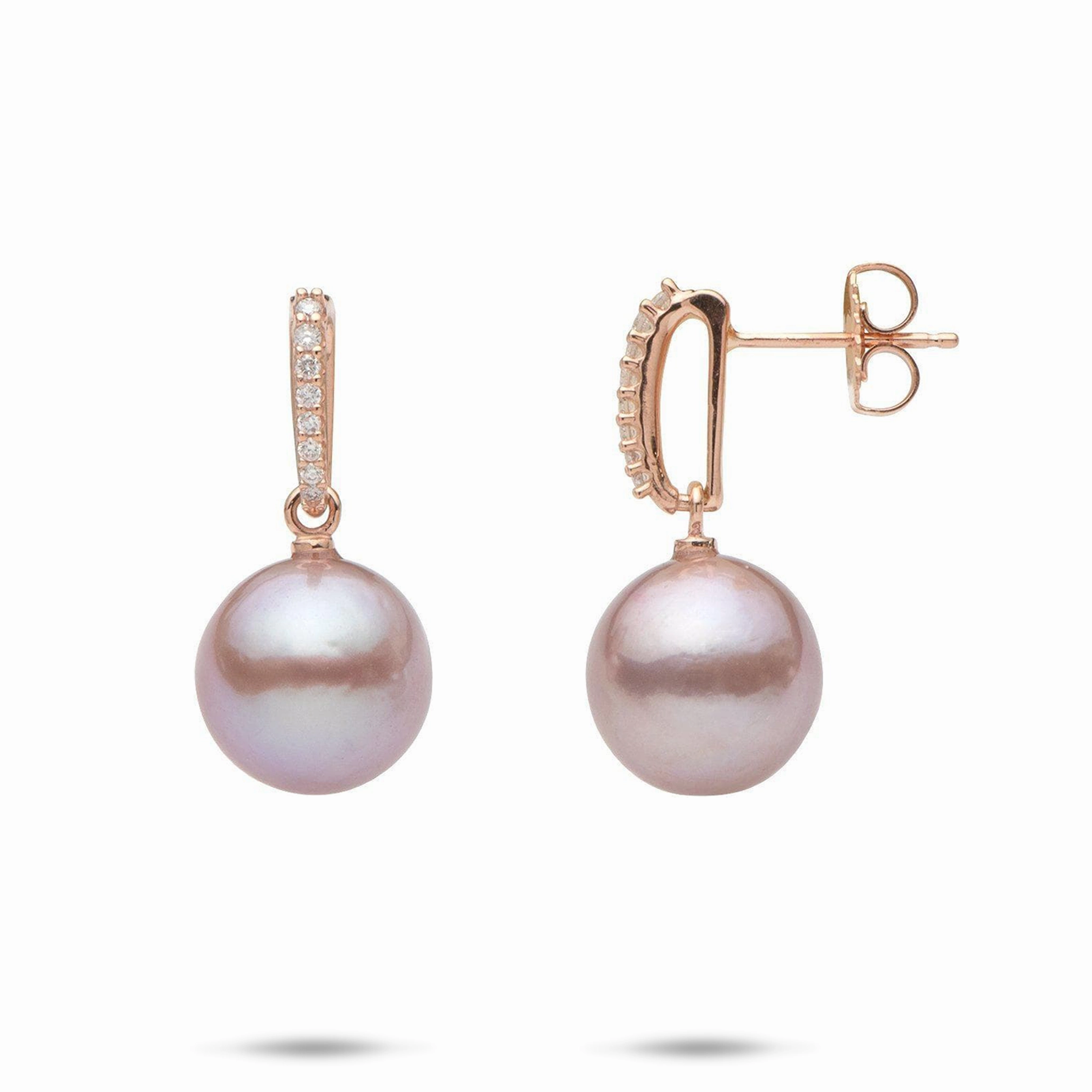 Lilac Freshwater Pearl Earrings in Rose Gold with Diamonds - 11-12mm Elegant Form