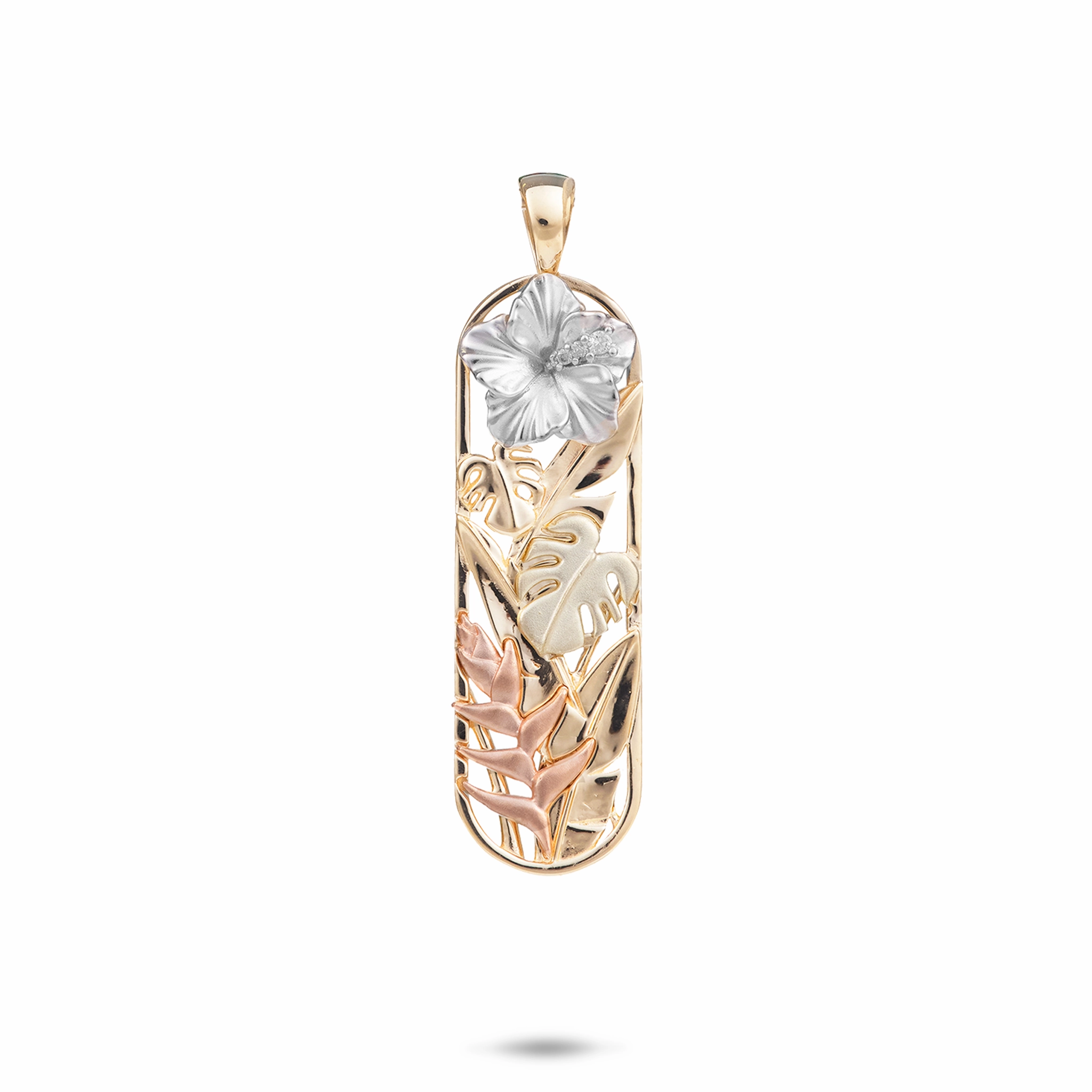 Hawaiian Gardens Hibiscus Pendant in Four Tone Gold with Diamonds - 32mm Red Tone Night Accent