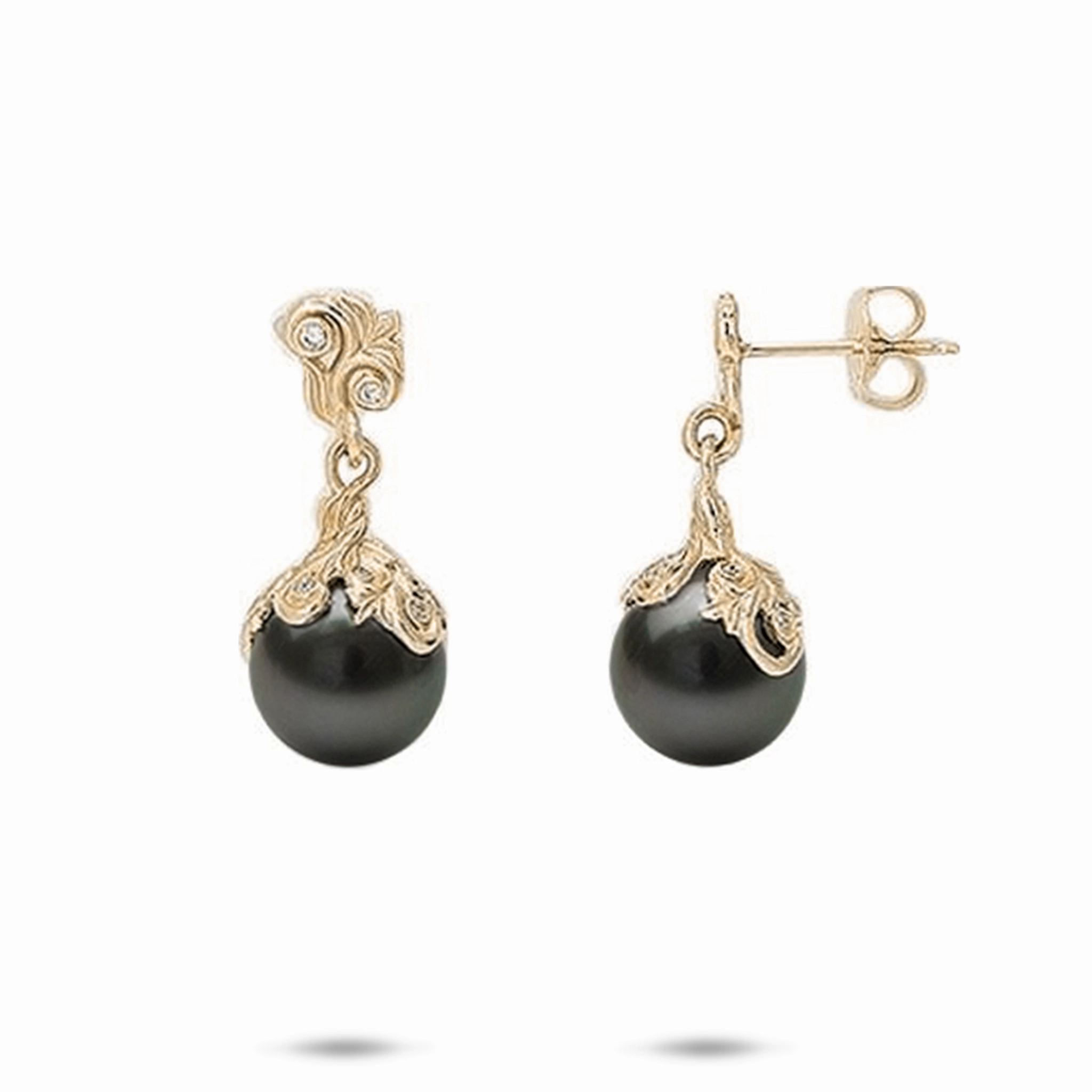 Living Heirloom Tahitian Black Pearl Earrings in Gold with Diamonds - 9-10mm Heirloom Accent