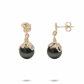 Living Heirloom Tahitian Black Pearl Earrings in Gold with Diamonds - 9-10mm Shiny Craft Feminine Light
